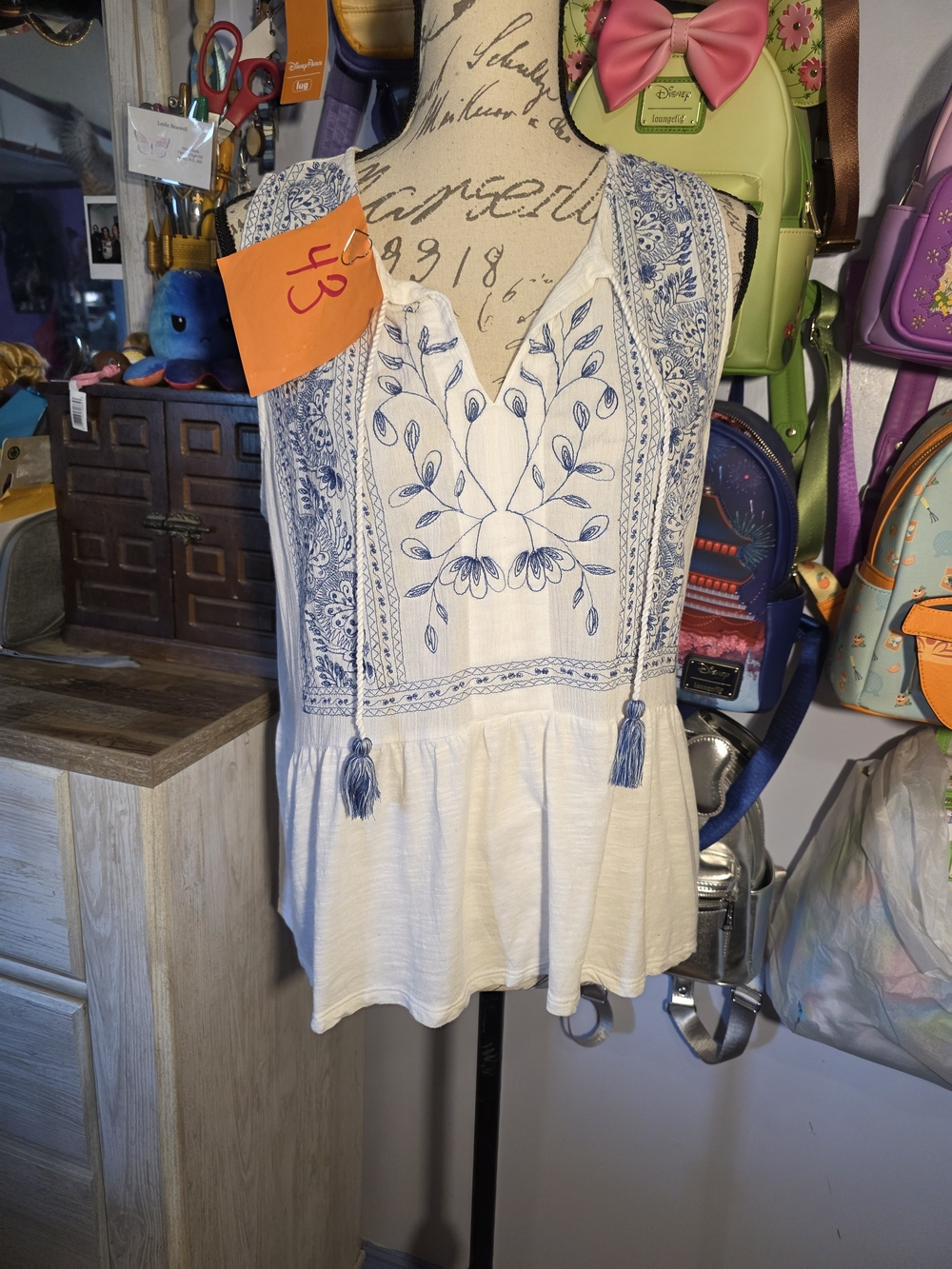 Lucky Brand White Blue Trim Boho Hippie Blouse Size Large